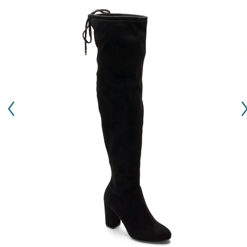 Black Suede Over The Knee Boots Block Heel Side Zip Tie Back Women Size‎ 6.5